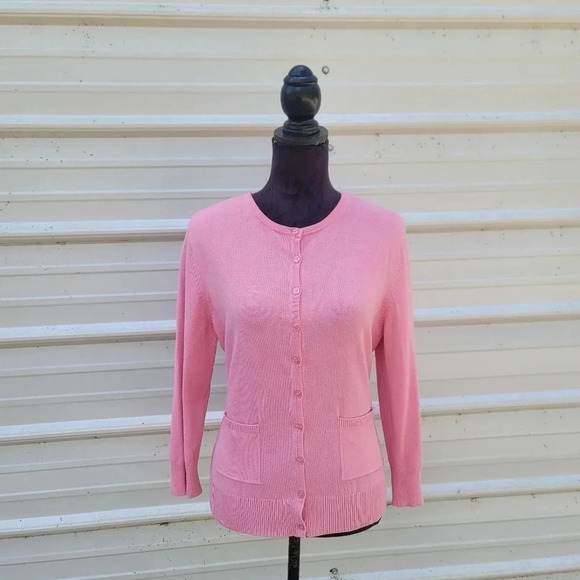 George Cardigan Sweater Ladies M 8/10 Pink Rayon Nylon Buttons 3/4 Sleeve Pocket - Picture 1 of 9